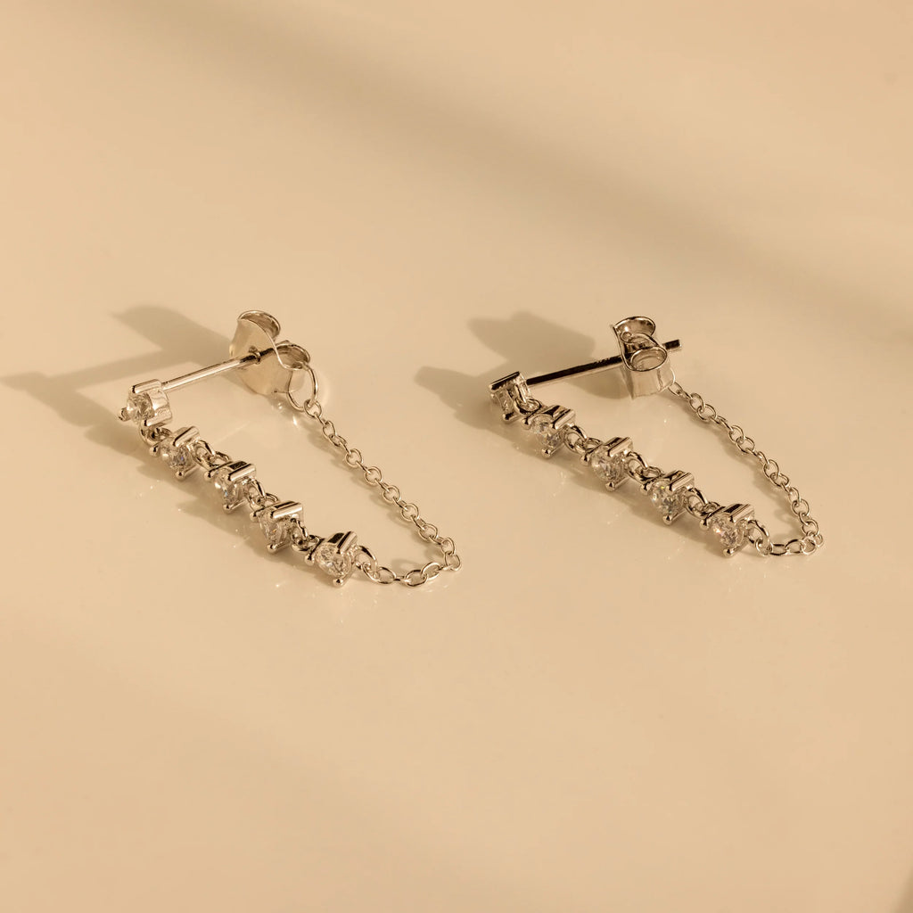 Diamond Chain Drop Earrings Silver 18K Gold Plated