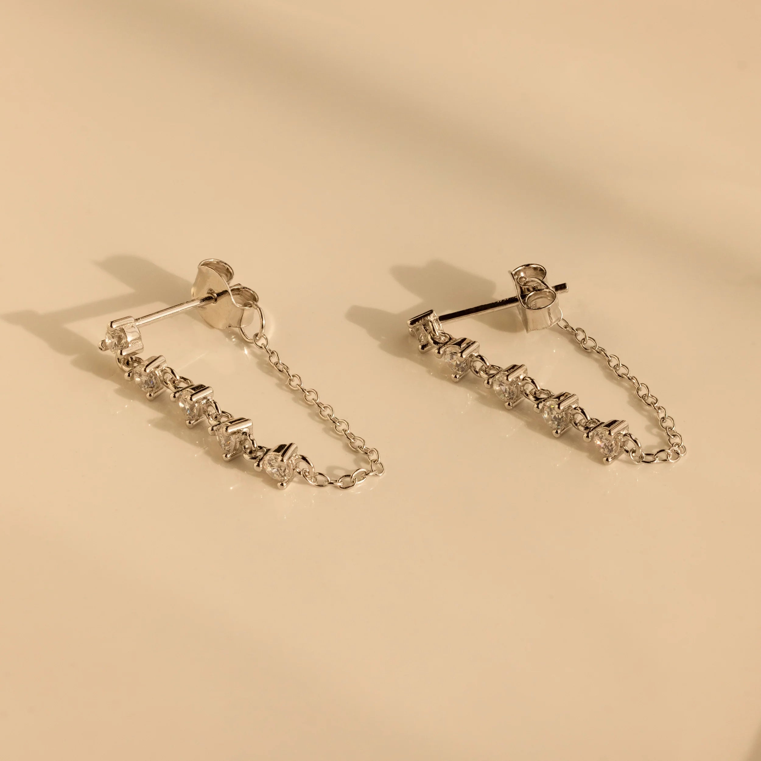 Diamond Chain Drop Earrings Silver 18K Gold Plated