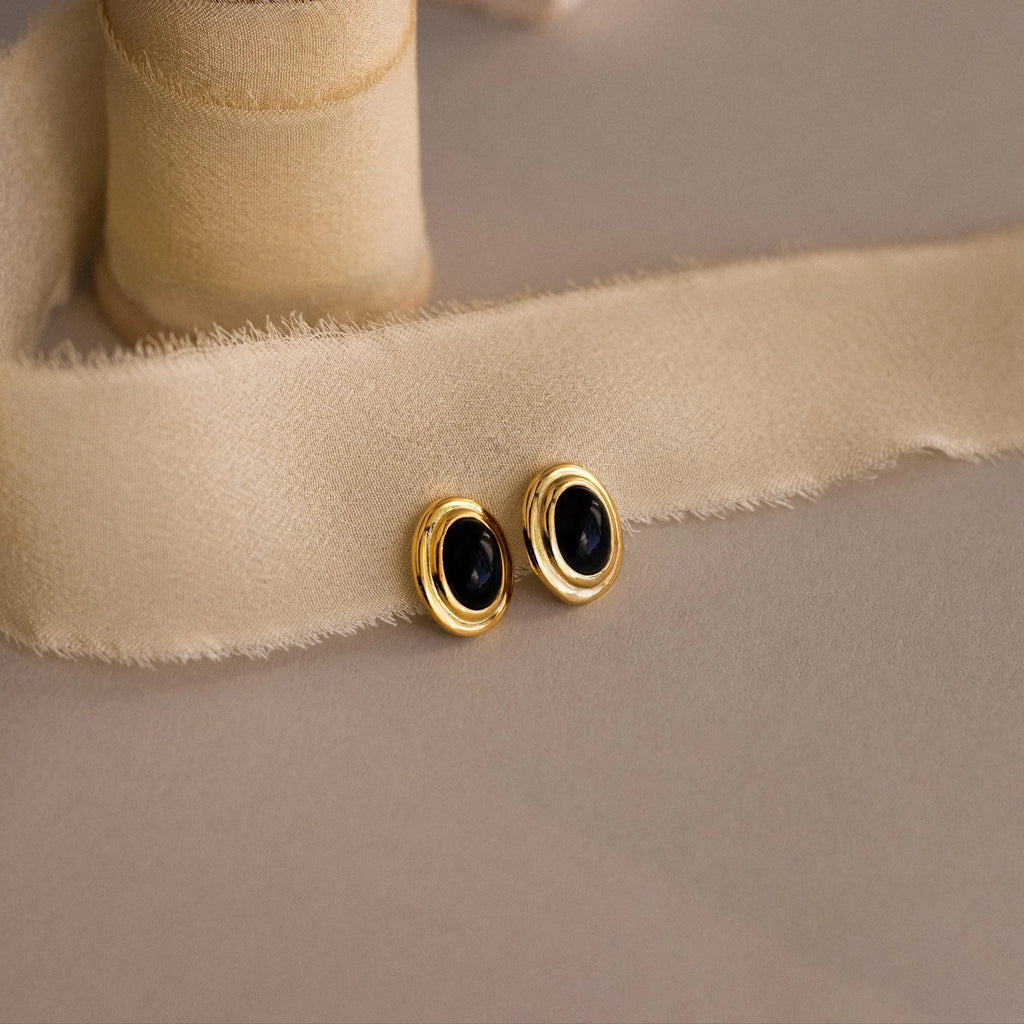 Vintage Oval Black Studs Silver 18K Gold Plated