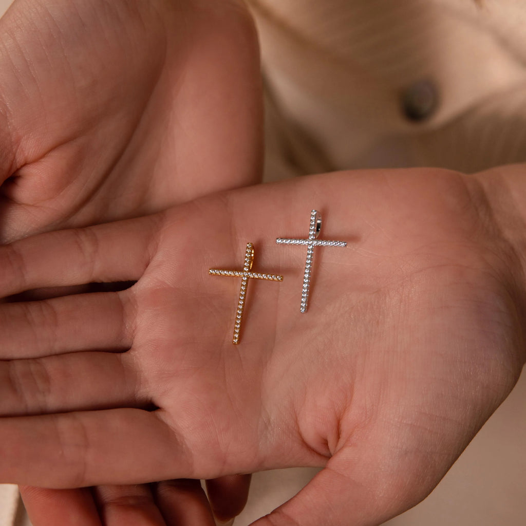 Diamond Pave Cross Charm Silver 18K Gold Plated