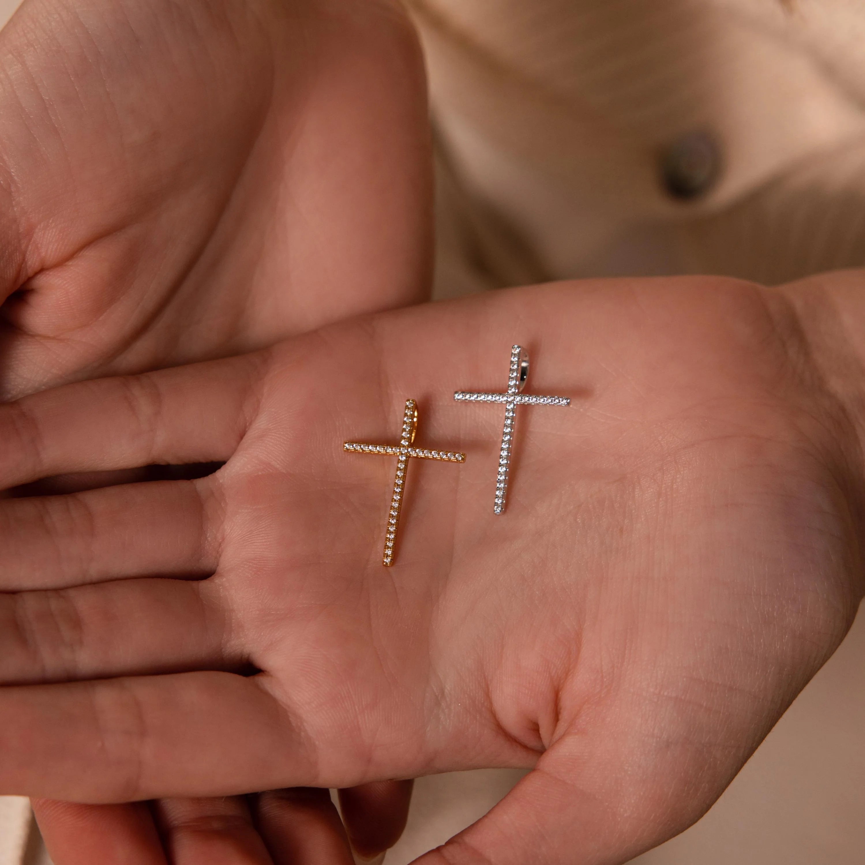 Diamond Pave Cross Charm Silver 18K Gold Plated