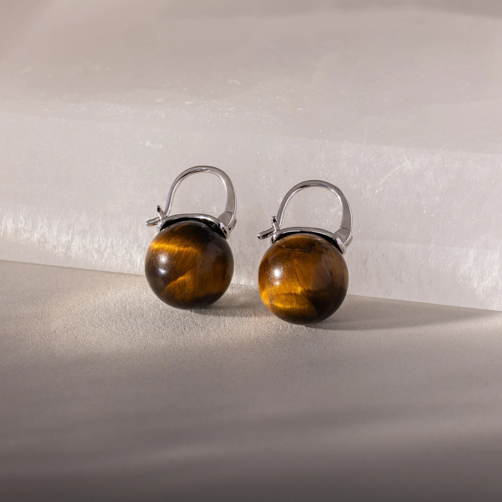 Tiger's Eye Dome Drop Earrings Silver 18K Gold Plated