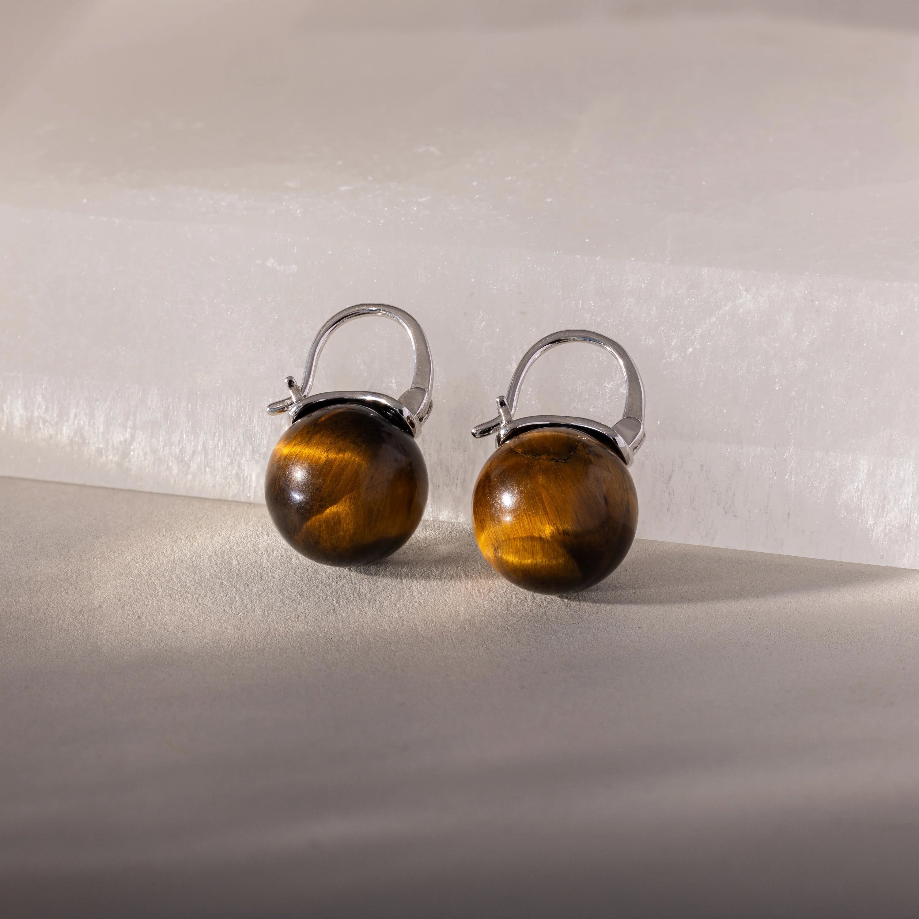 Tiger's Eye Dome Drop Earrings Silver 18K Gold Plated