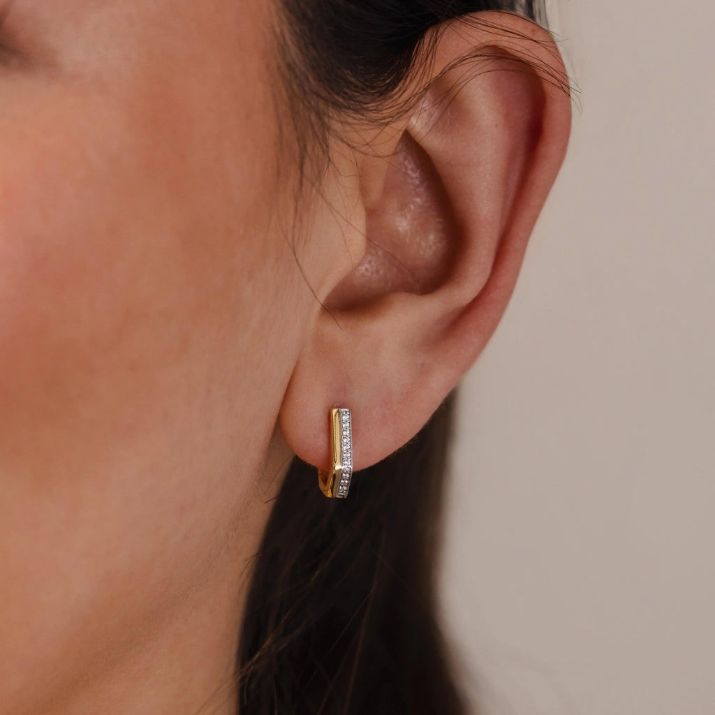 Diamond Pave Pointed Mixed Metal Hoops Silver 18K Gold Plated