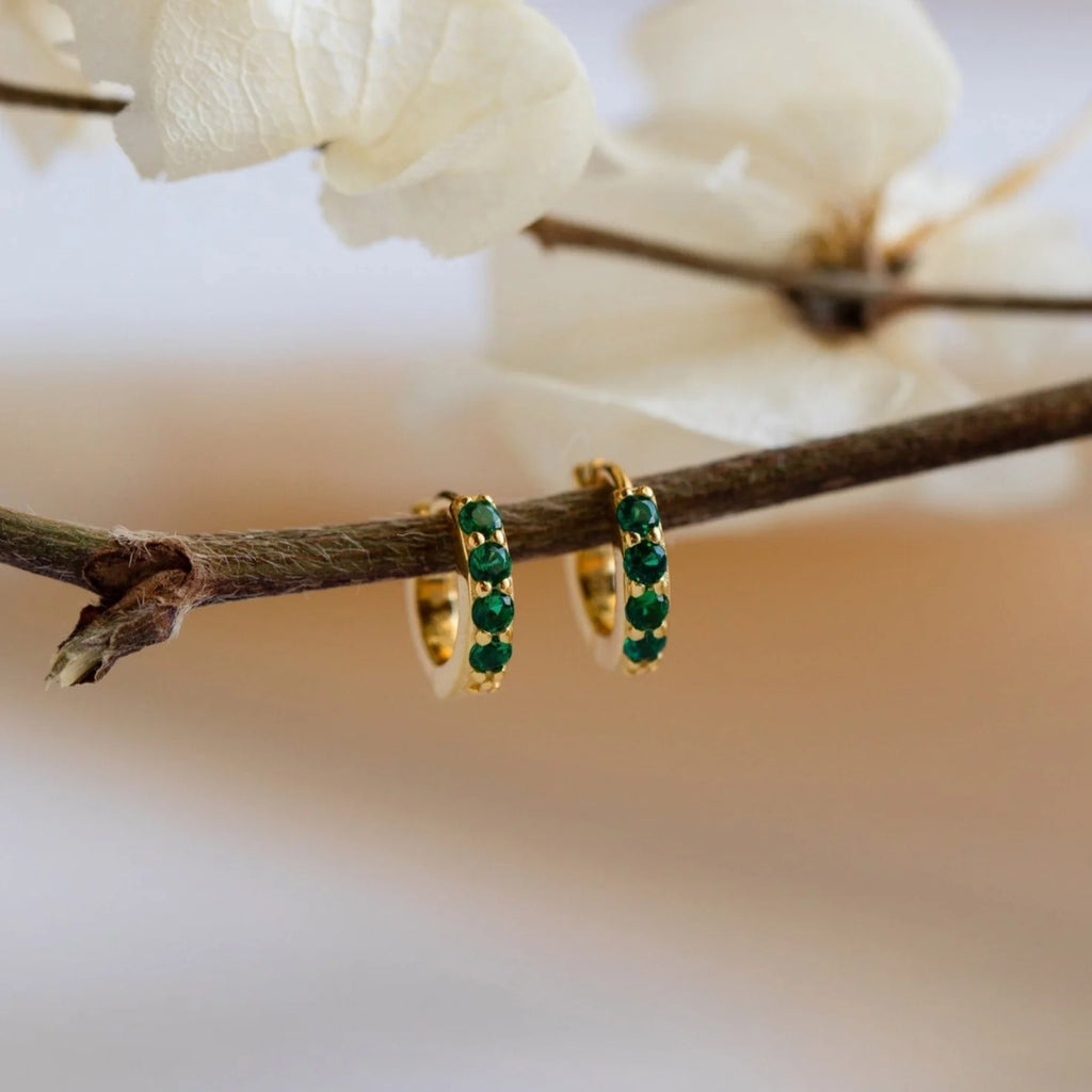Pave Emerald Huggies Silver 18K Gold Plated