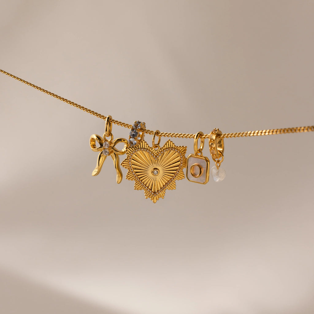 Ribbed Diamond Heart Charm Silver 18K Gold Plated