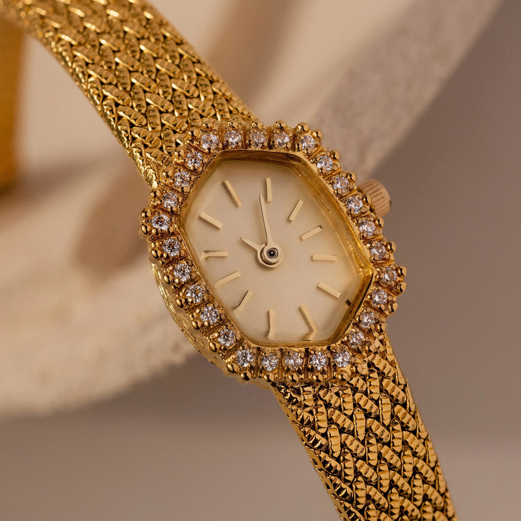 Diamond Woven Mesh Pave Timepiece Silver 18K Gold Plated