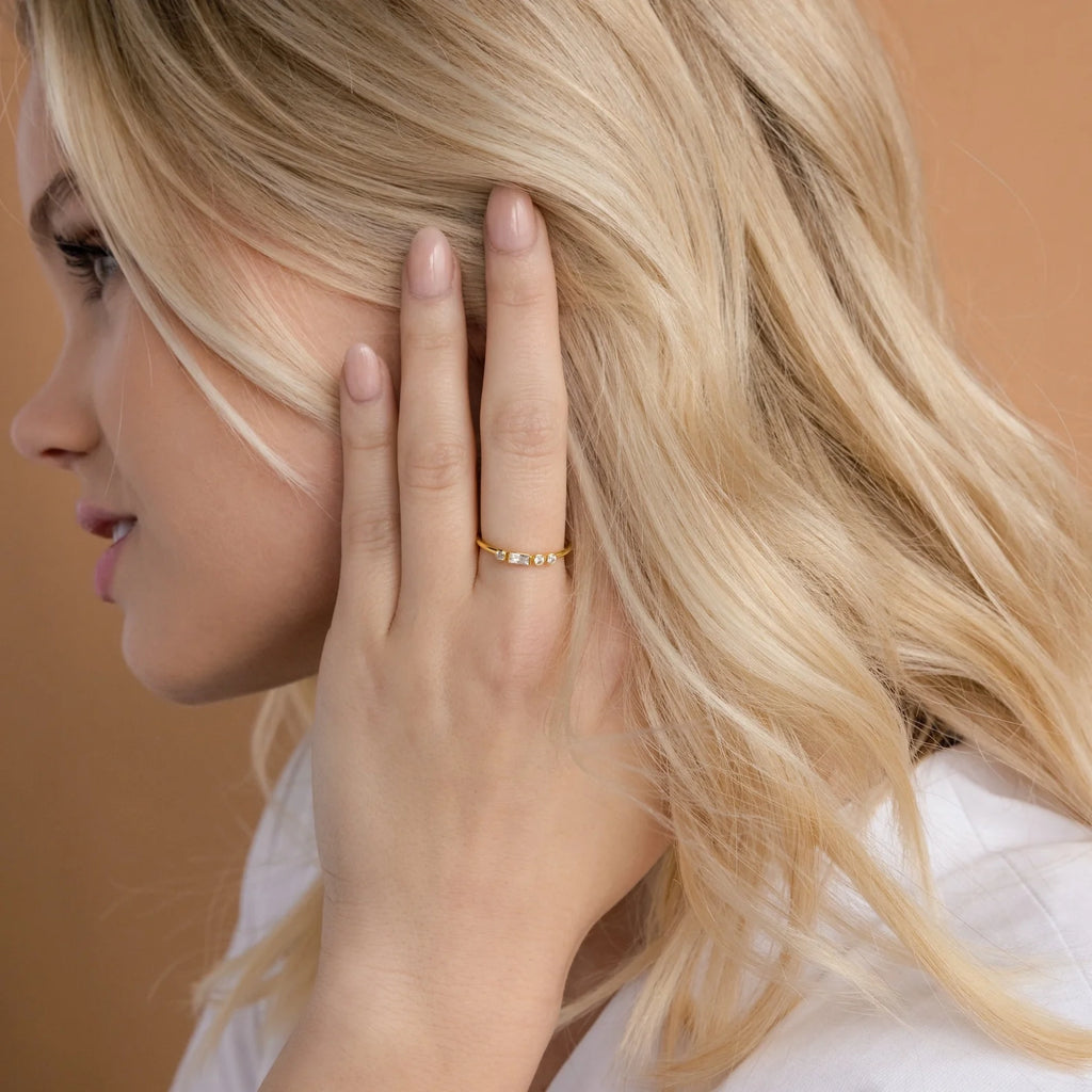 Initial Diamond Baguette Ring Silver 18K Gold Plated