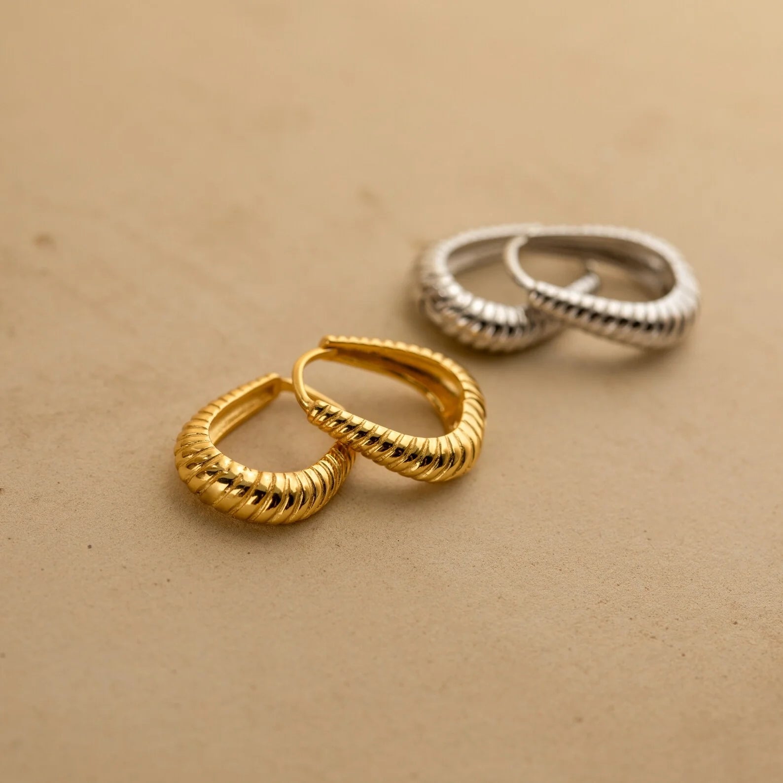 Bold Ribbed Hoops Silver 18K Gold Plated