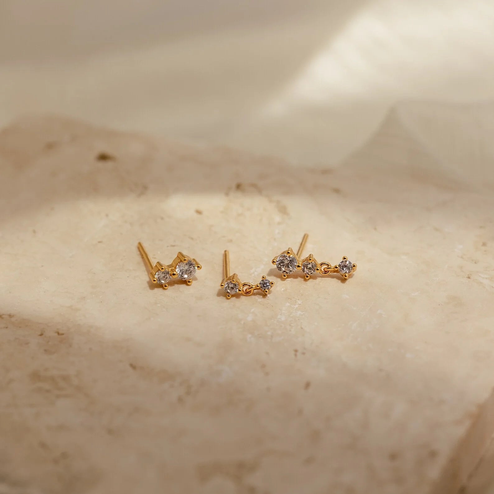 Triple Diamond Studs Set Silver 18K Gold Plated
