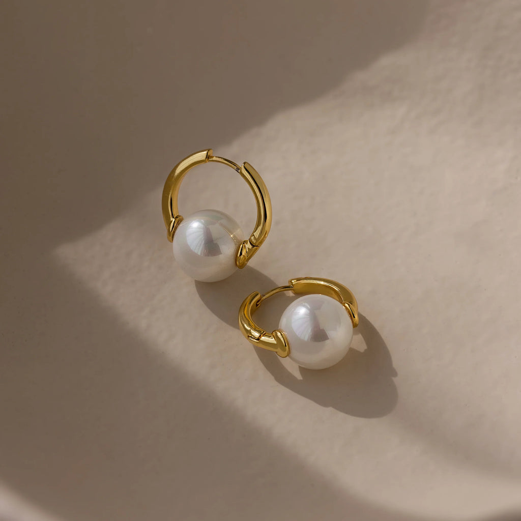 Round Pearl Hoops Silver 18K Gold Plated