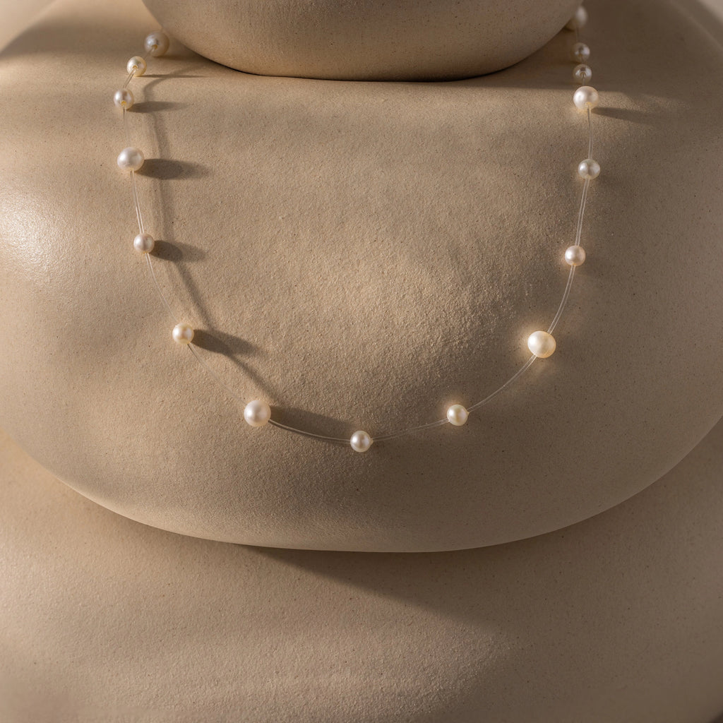 Floating Pearl Necklace Silver 18K Gold Plated