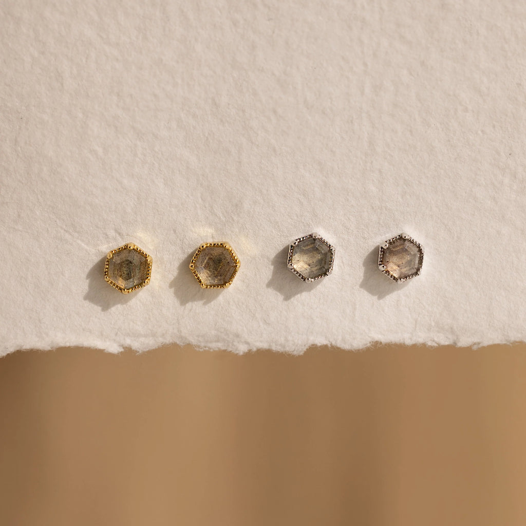 Labradorite Hexagon Studs Silver 18K Gold Plated