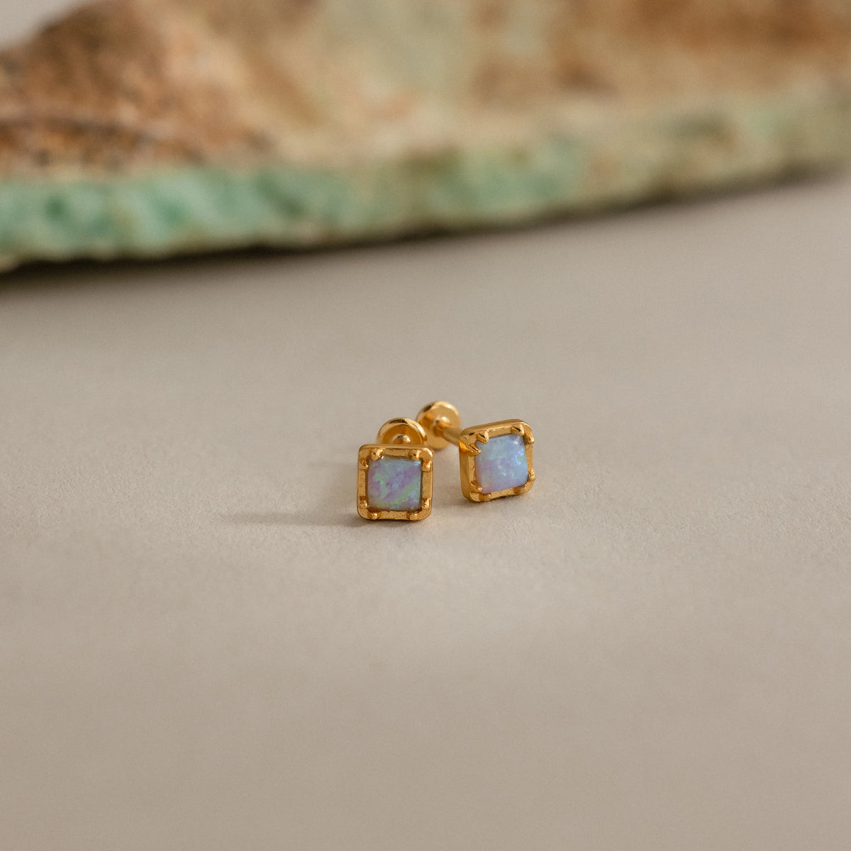 Blue Opal Prism Flatback Studs Silver 18K Gold Plated