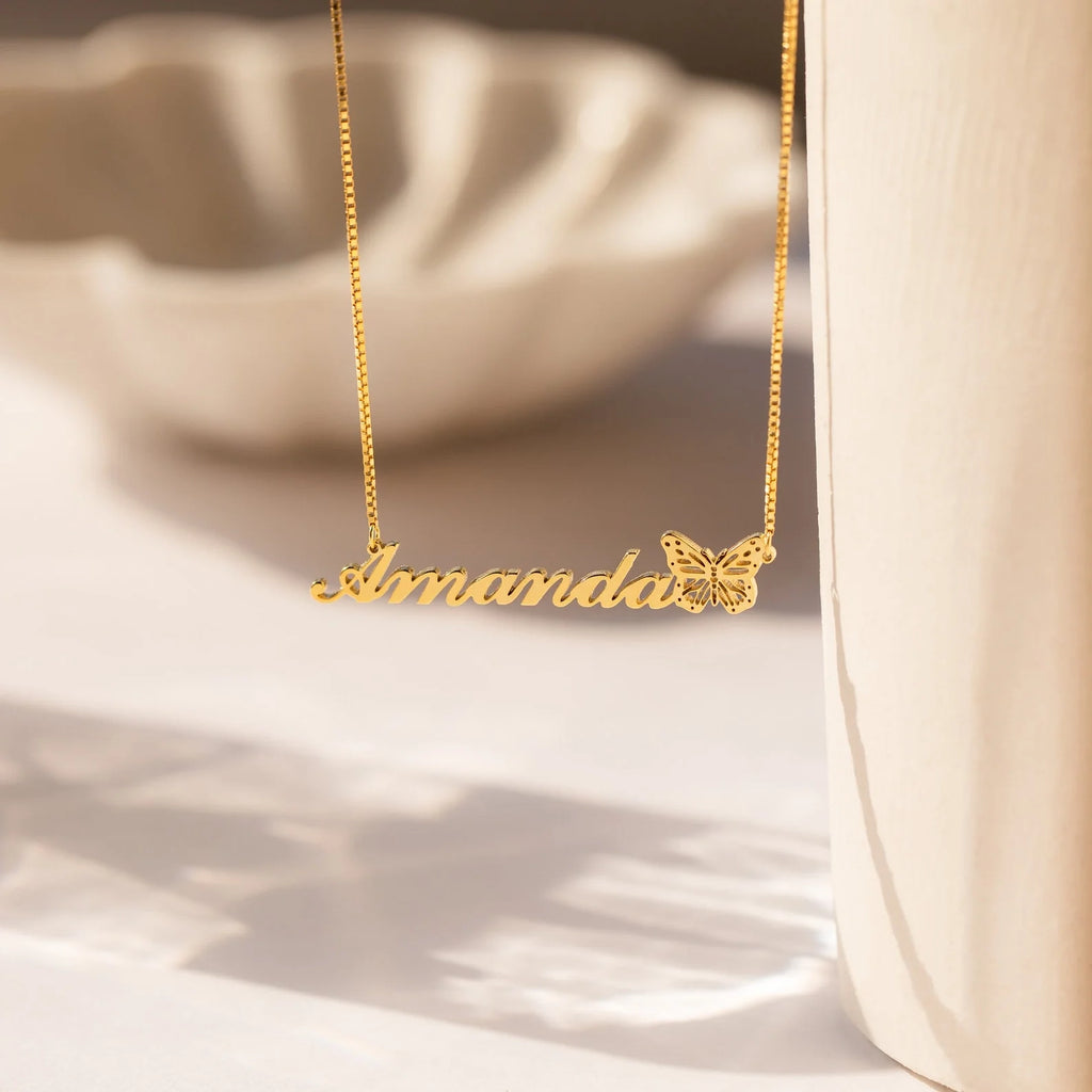 Butterfly Name Box Chain Necklace Silver 18K Gold Plated