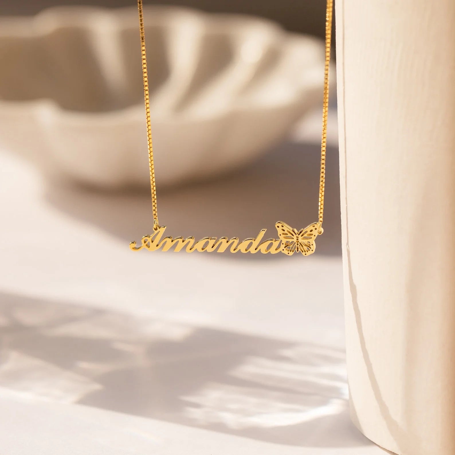 Butterfly Name Box Chain Necklace Silver 18K Gold Plated