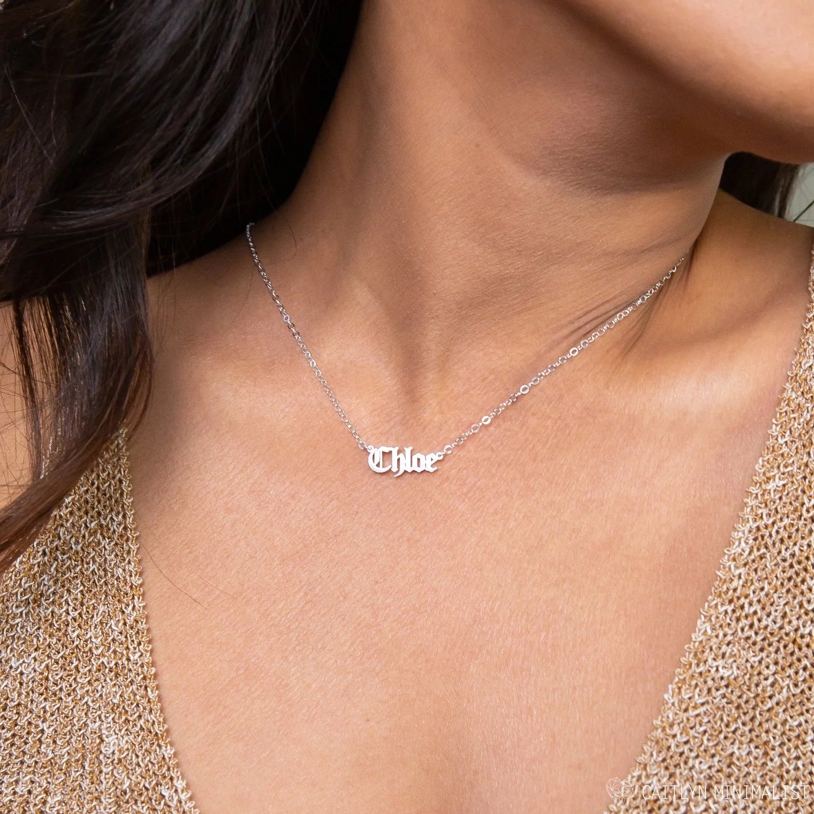 Old English Name Necklace Silver 18K Gold Plated