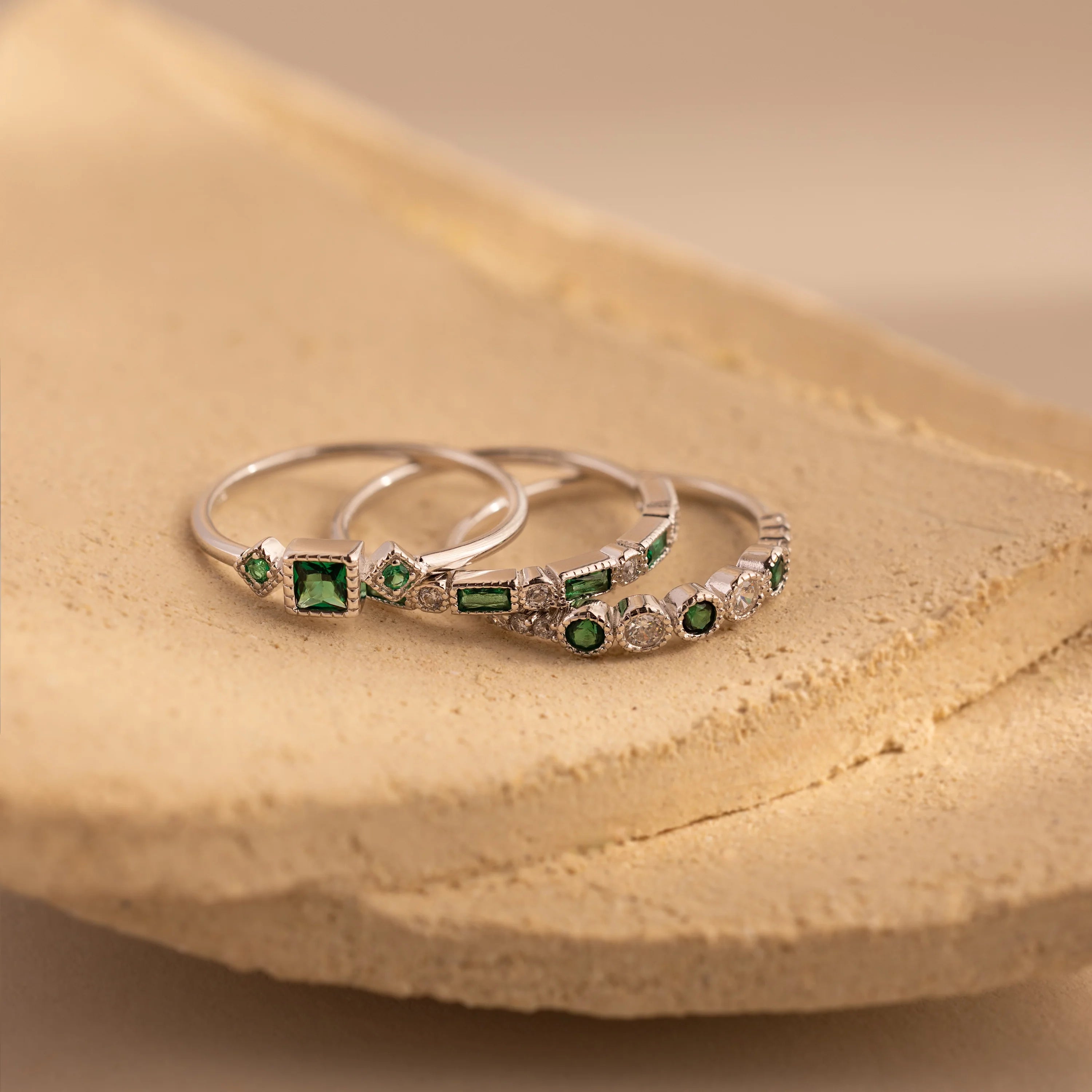Emerald Stacking Ring Set Silver 18K Gold Plated