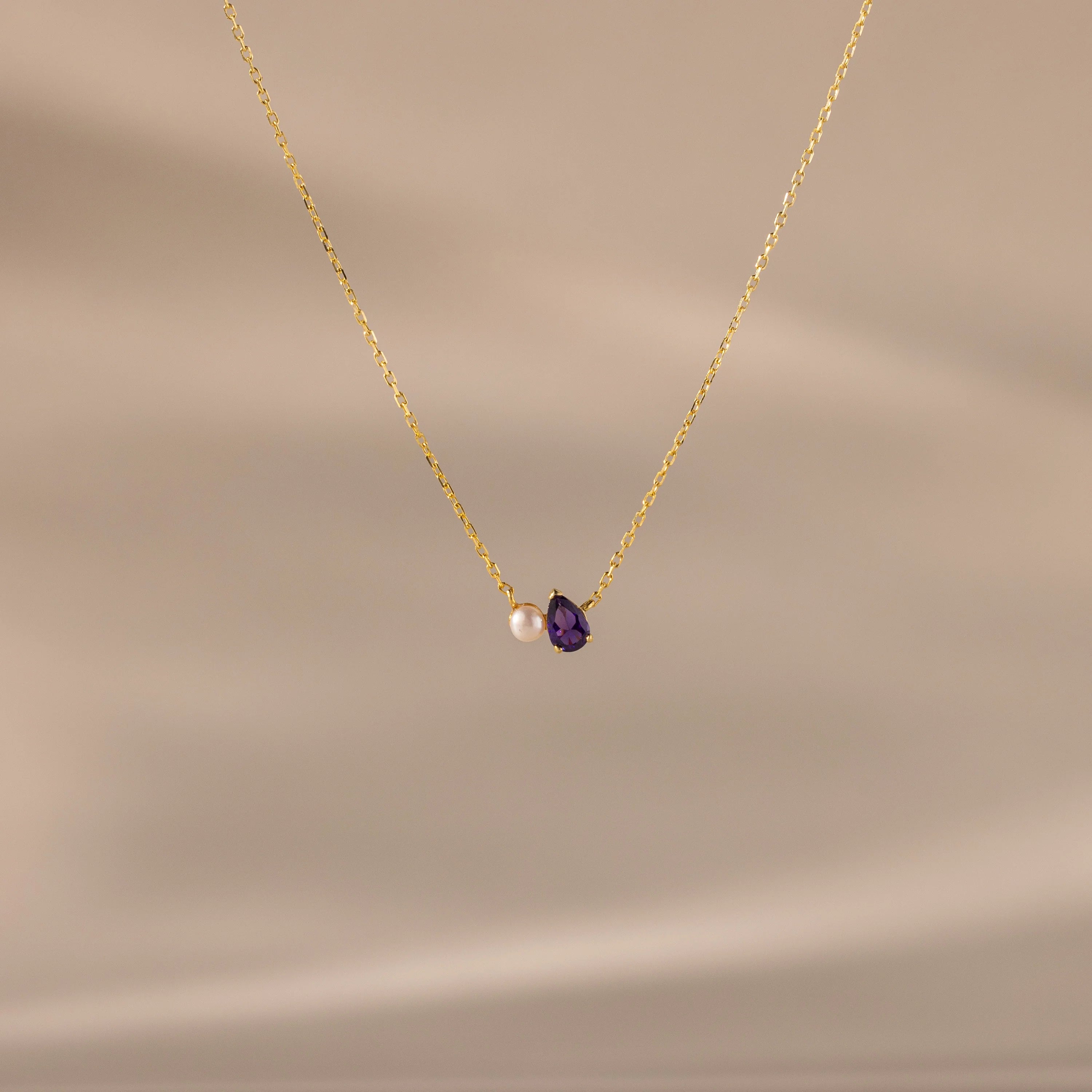 Teardrop Amethyst & Pearl Necklace Silver 18K Gold Plated