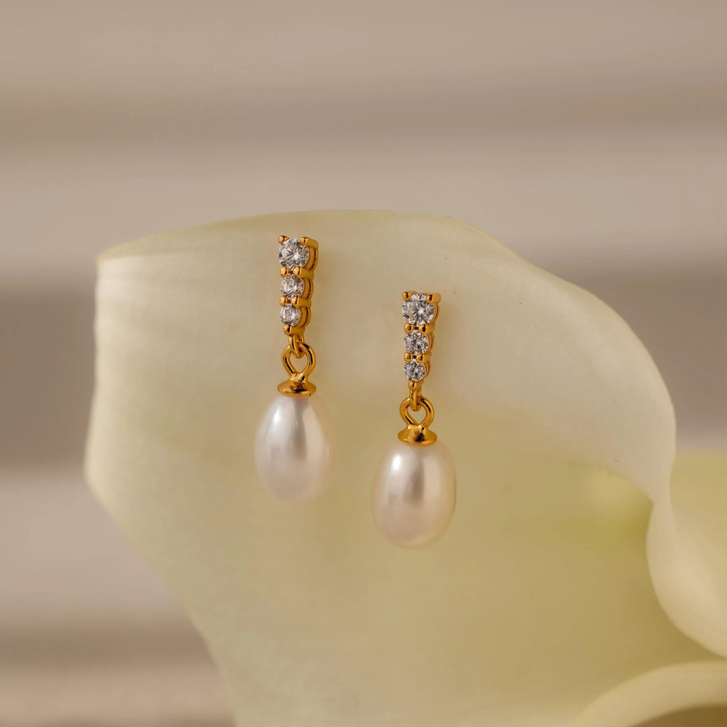 Diamond Pearl Droplet Earrings Silver 18K Gold Plated