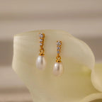 Diamond Pearl Droplet Earrings Silver 18K Gold Plated