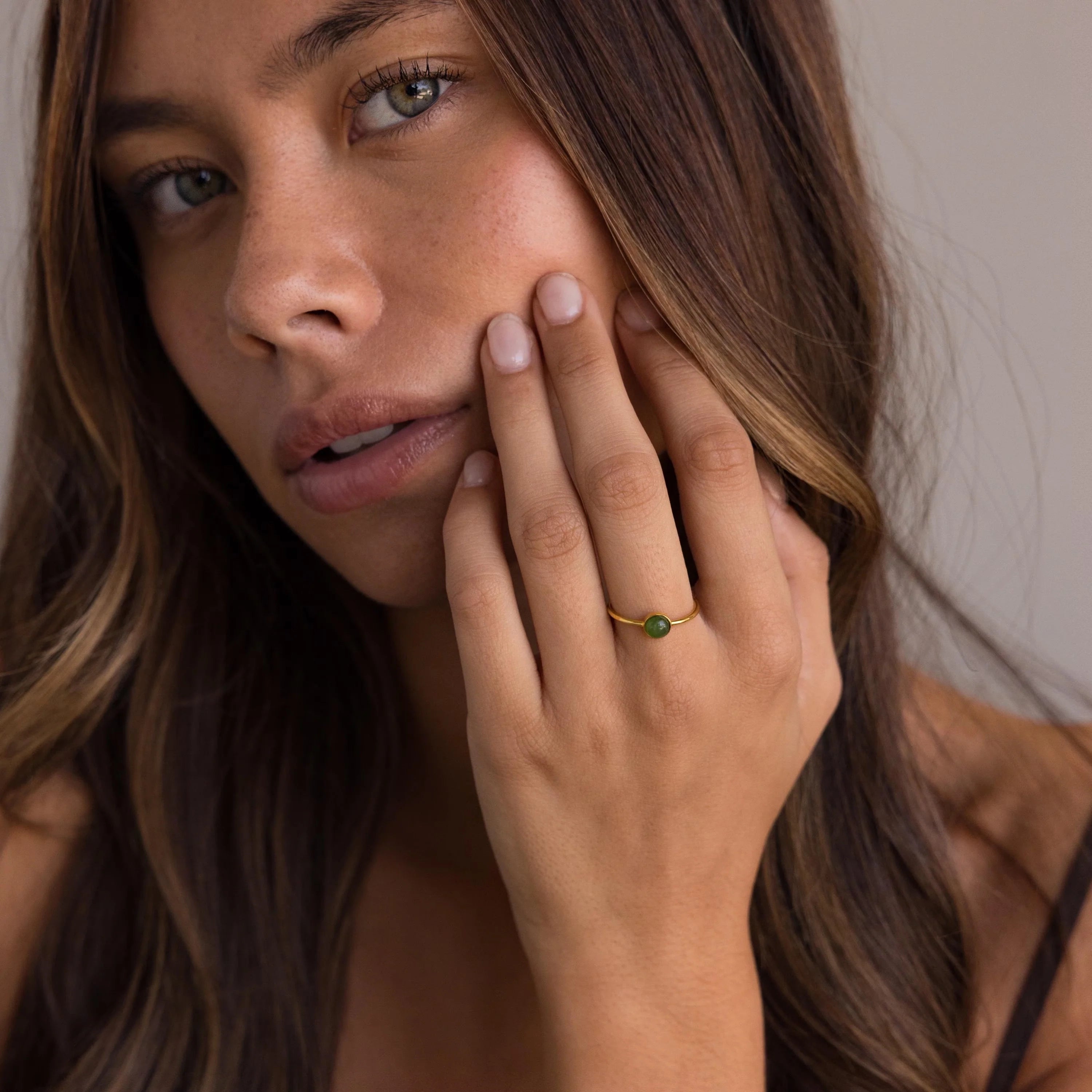 Round Jade Ring Silver 18K Gold Plated