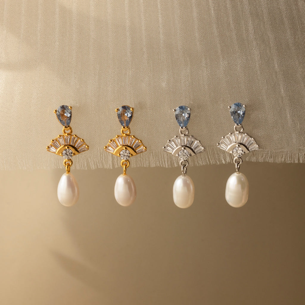 Diamond Aquamarine Pearl Drop Earrings Silver 18K Gold Plated