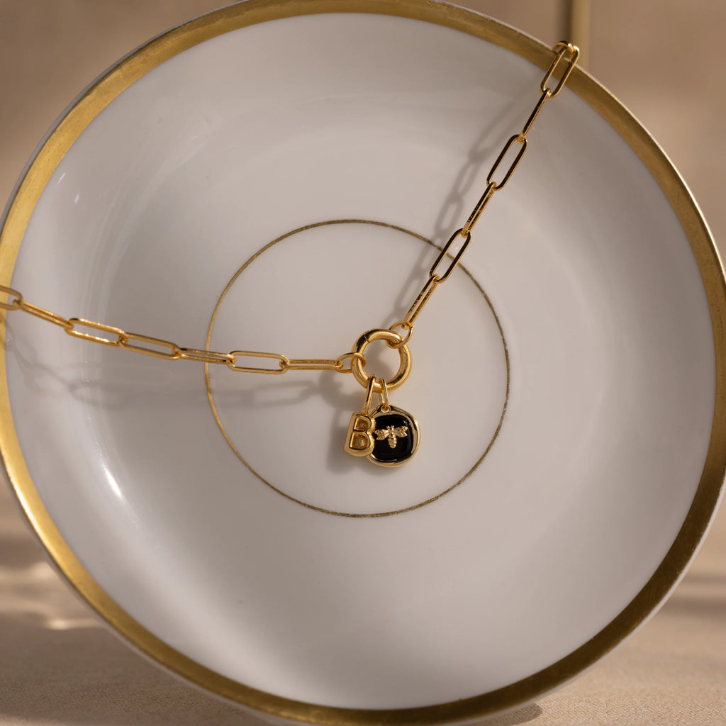 Onyx Honeybee Charm Silver 18K Gold Plated