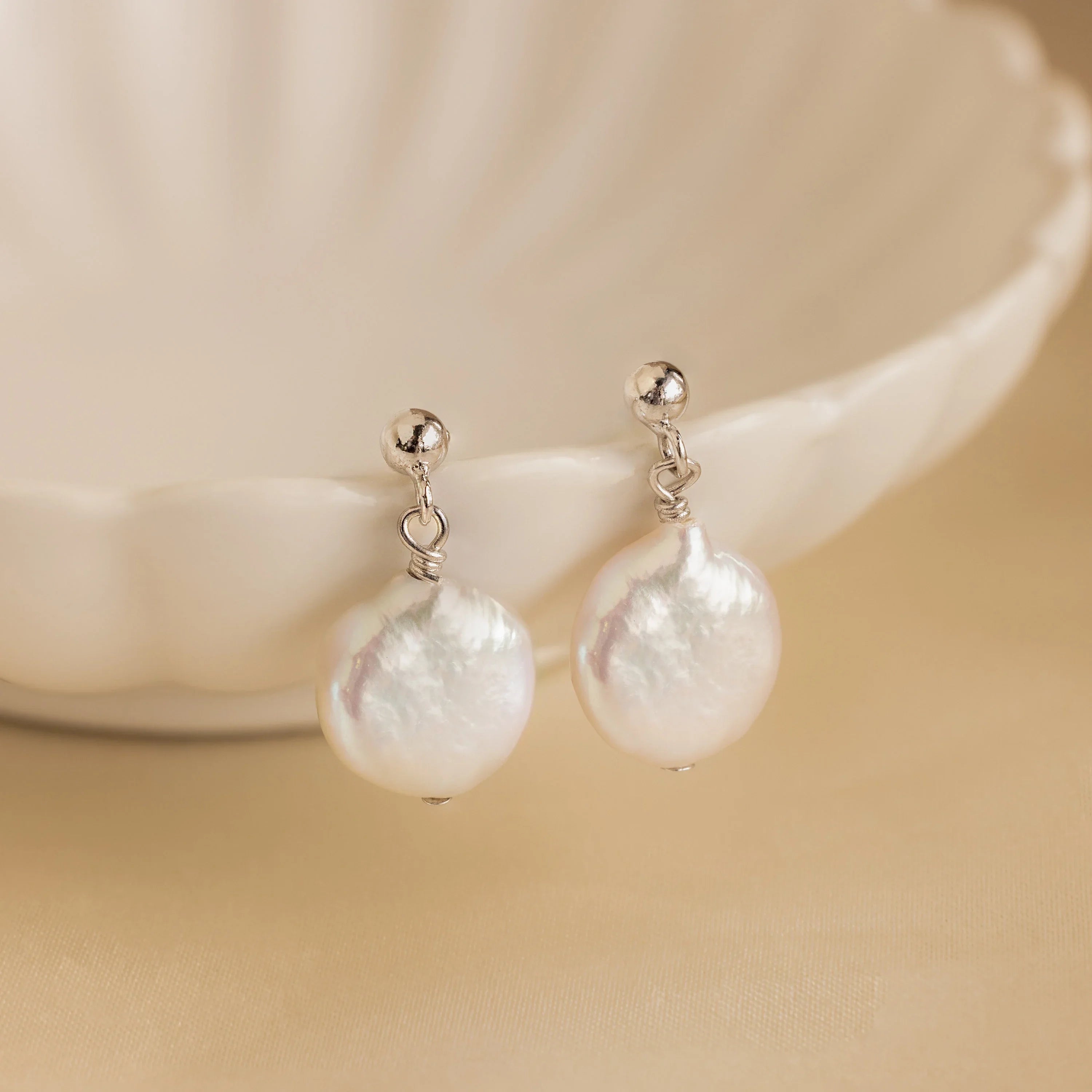 Round Pearl Drop Earrings Silver 18K Gold Plated