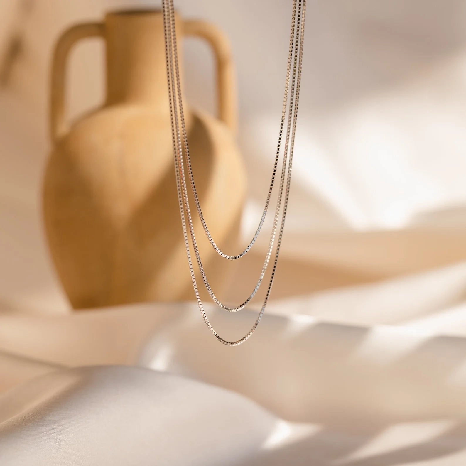 Triple Box Chain Necklace Silver 18K Gold Plated