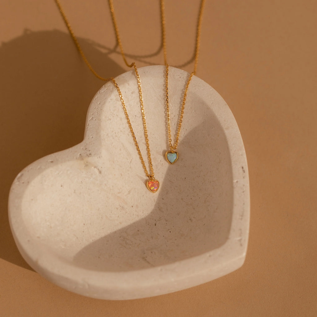 Pink Opal Heart Necklace Silver 18K Gold Plated