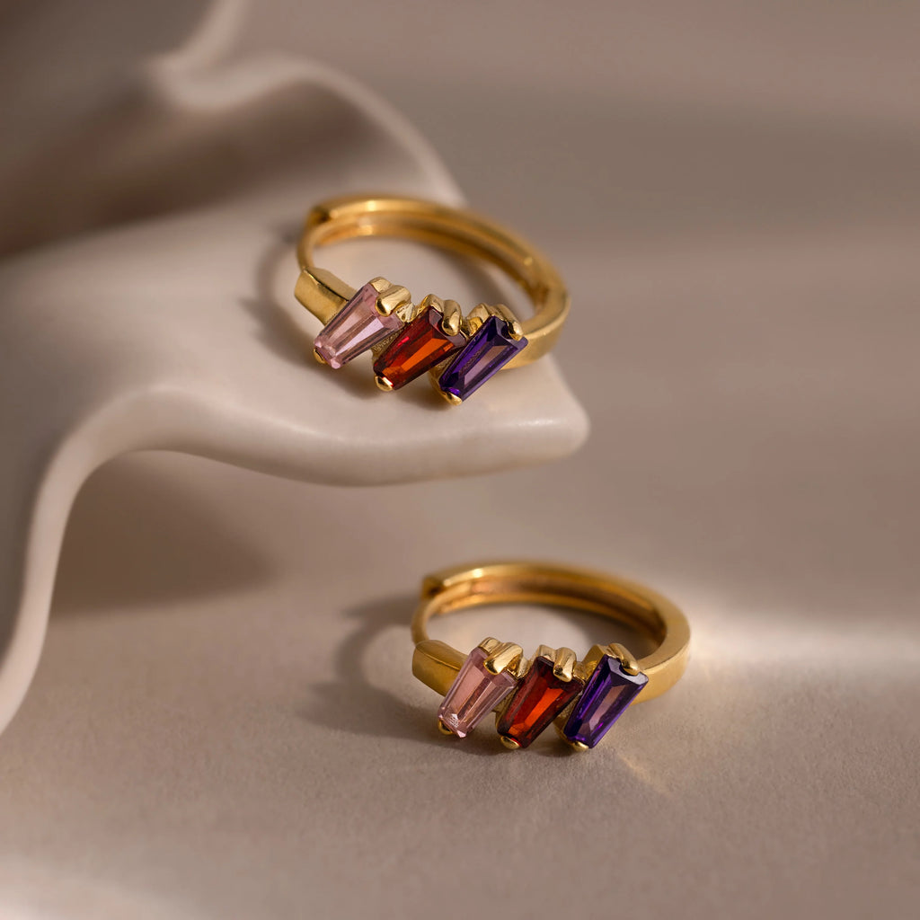 Multiple Tapered Birthstone Huggies Silver 18K Gold Plated