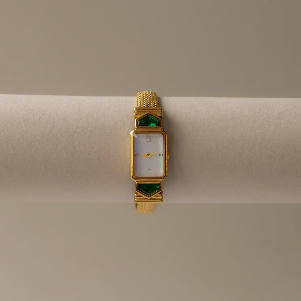 Vintage The Franklin Mint Emerald Gold Watch Silver 18K Gold Plated