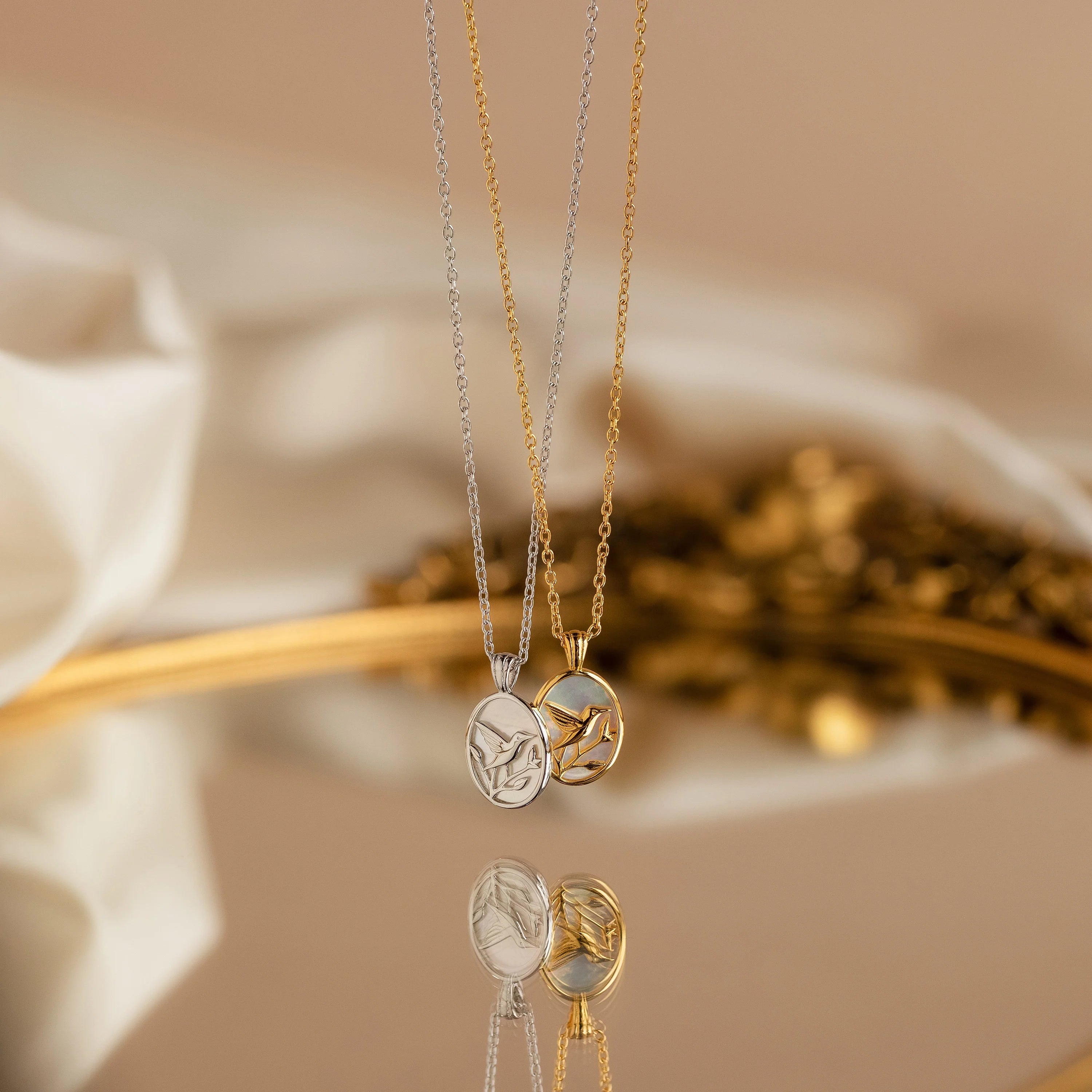 Pearl Hummingbird Pendant Necklace Silver 18K Gold Plated