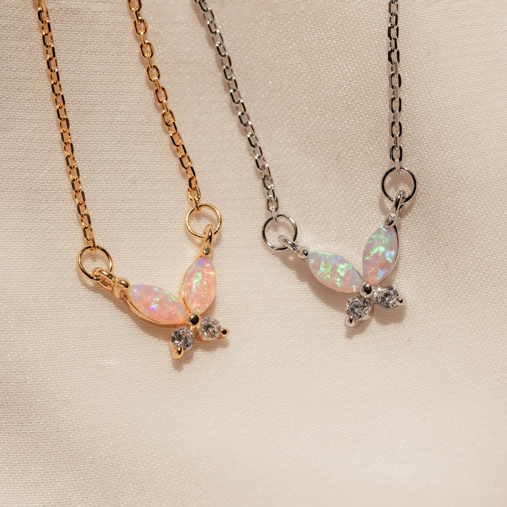 Pink Opal &amp; Diamond Butterfly Necklace Silver 18K Gold Plated