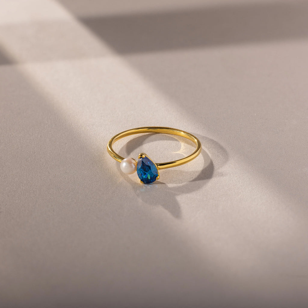 Blue Zircon Teardrop  Pearl Ring Silver 18K Gold Plated