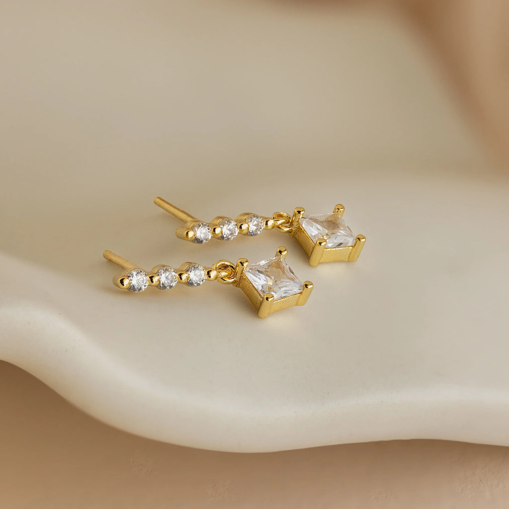 Princess Diamond Drop Studs Silver 18K Gold Plated