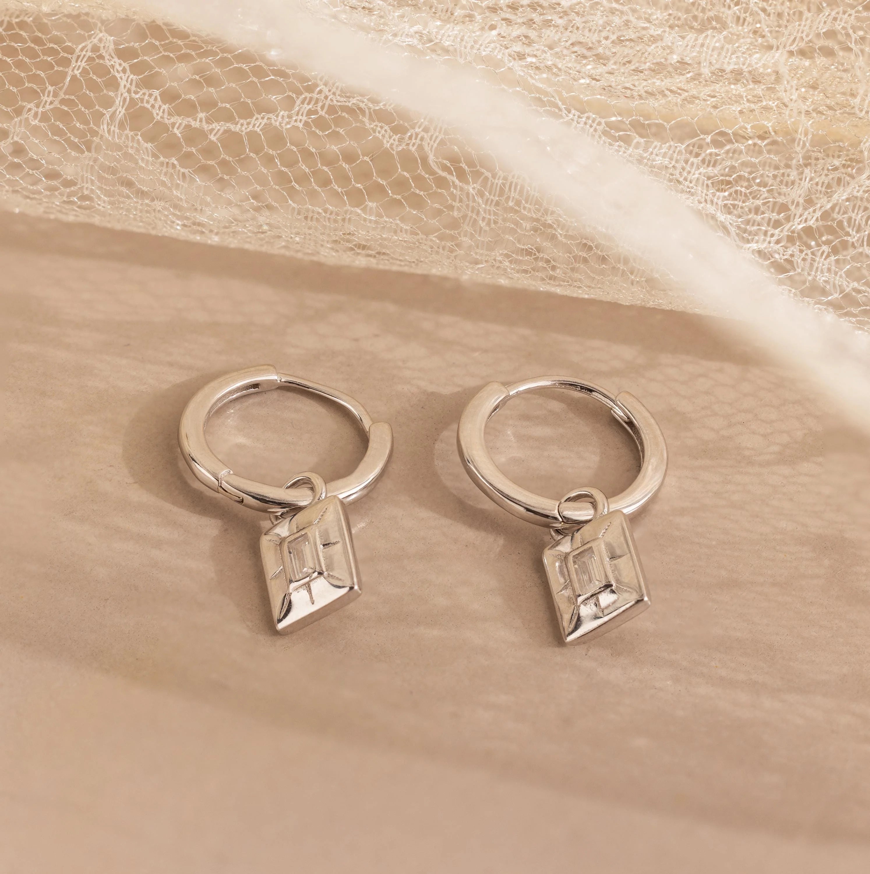 Art Deco Diamond Tag  Charm Huggies Silver 18K Gold Plated
