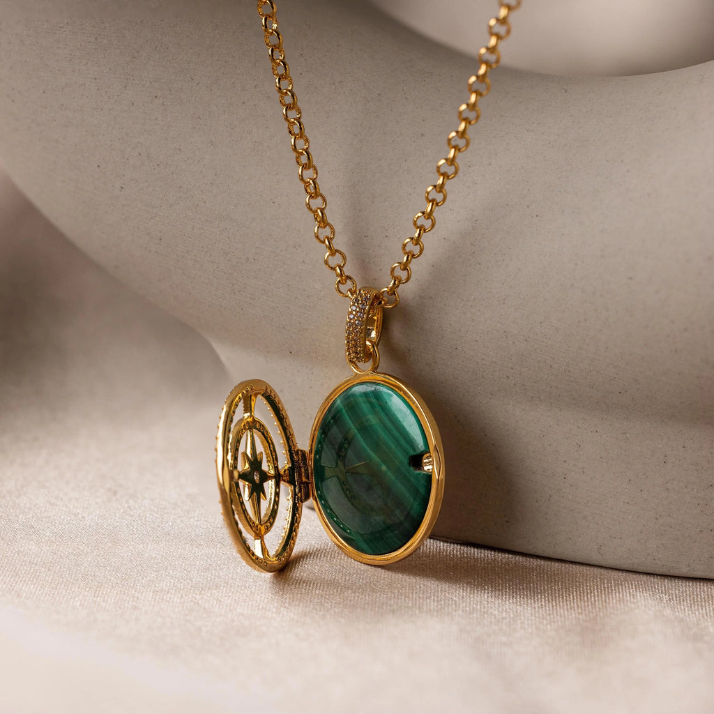 Malachite Compass Locket Necklace Silver 18K Gold Plated