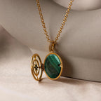 Malachite Compass Locket Necklace Silver 18K Gold Plated