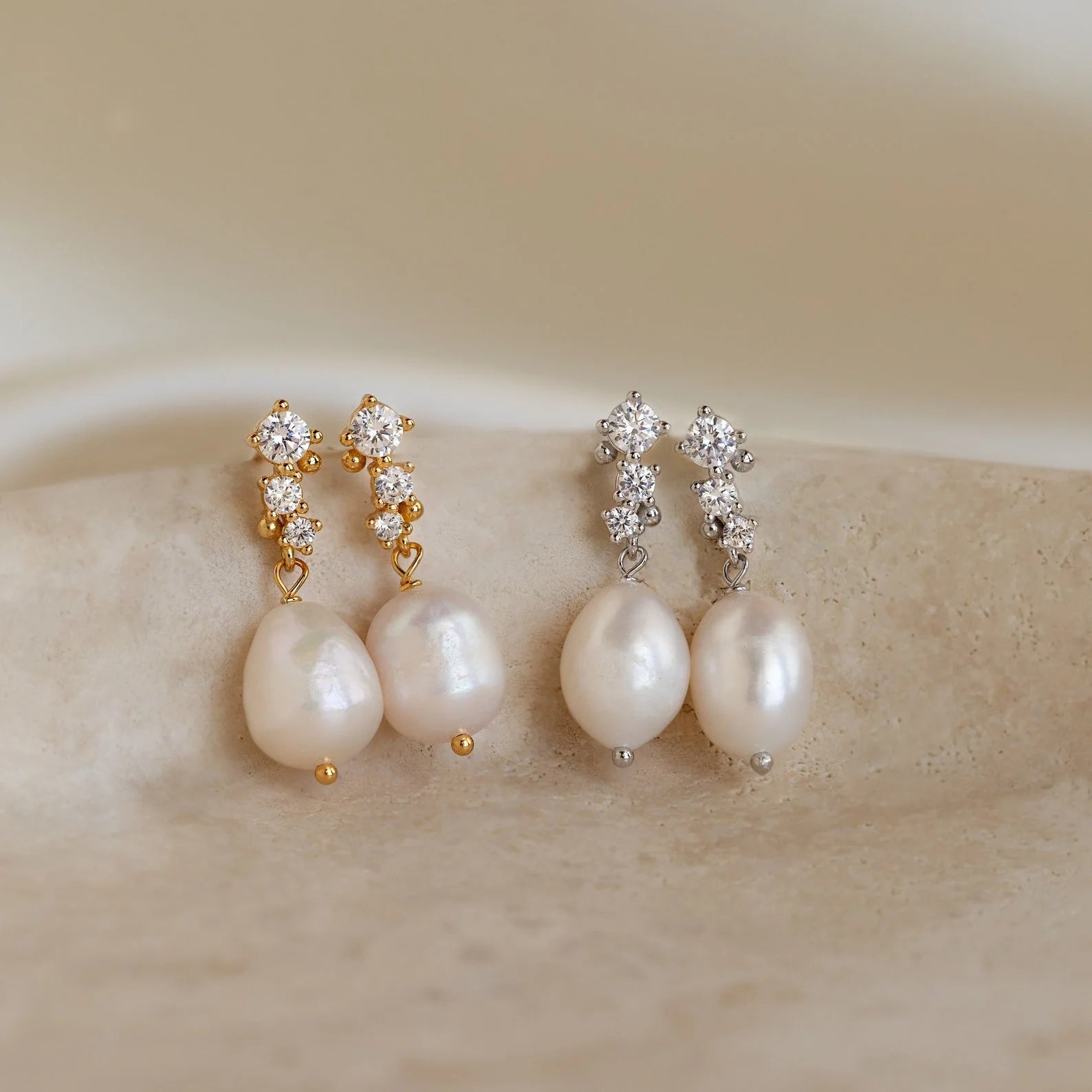 Diamond Pearl Drop Earrings Silver 18K Gold Plated