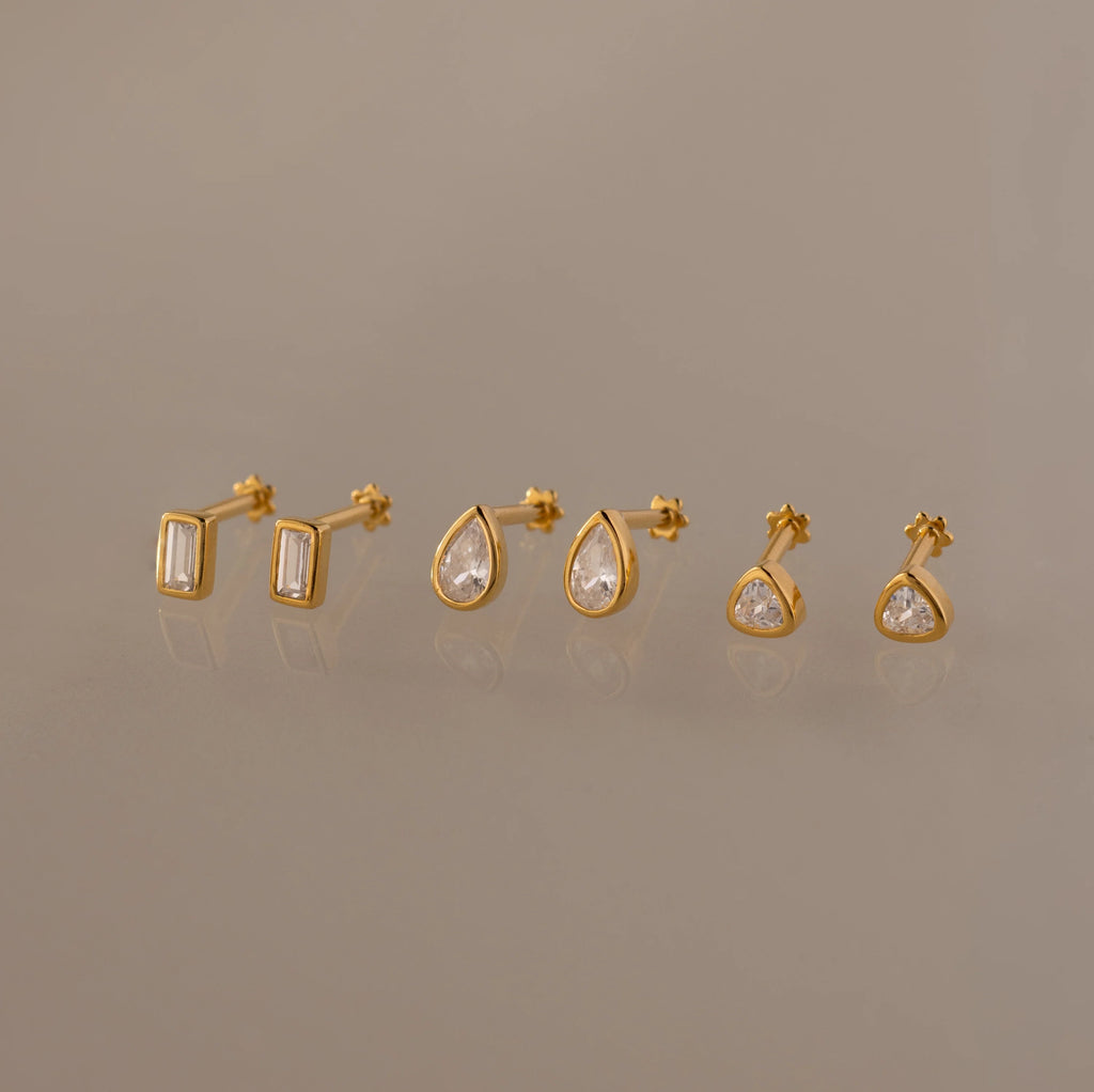 Diamond Bezel Flatback Studs Set Silver 18K Gold Plated