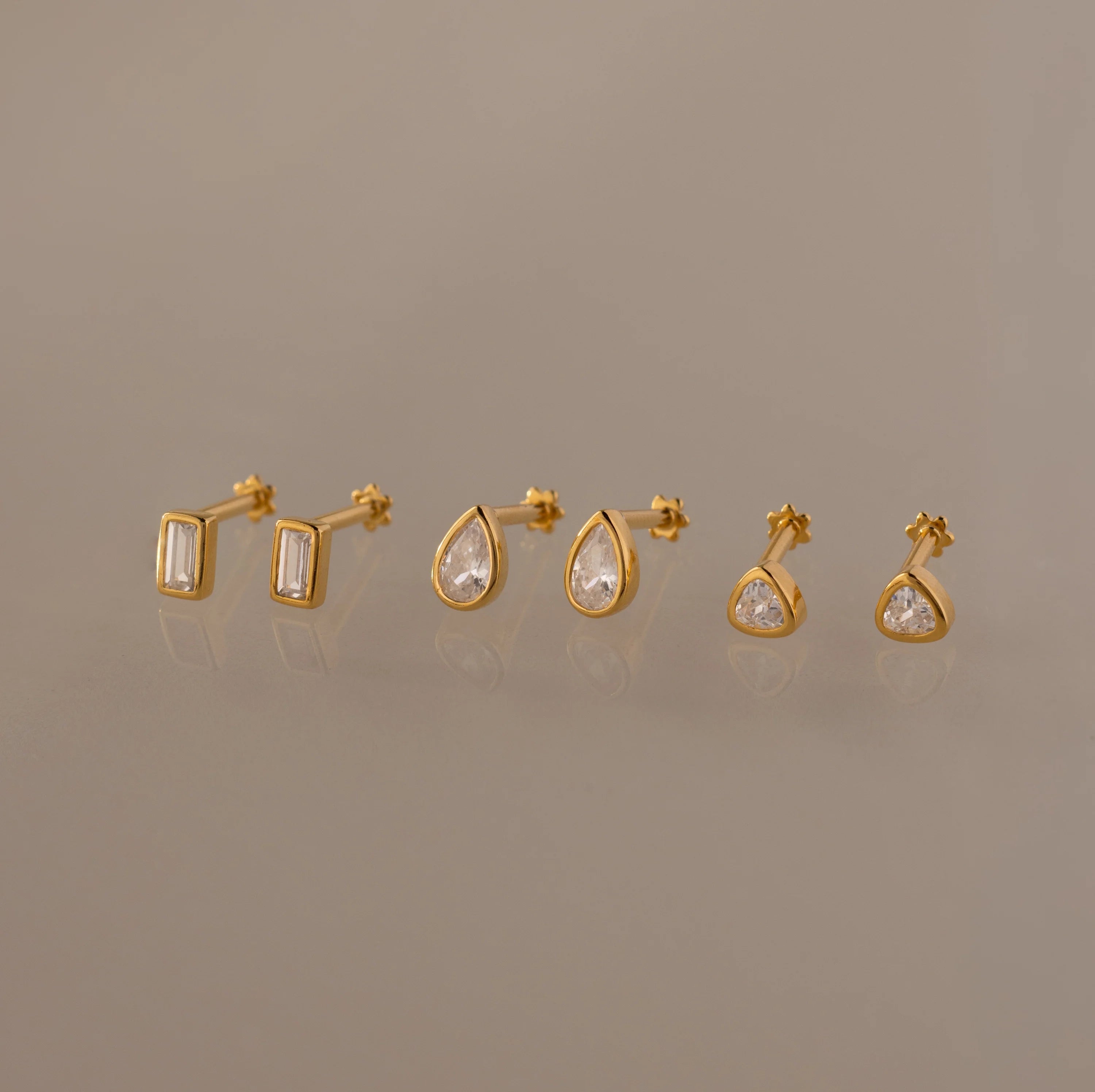 Diamond Bezel Flatback Studs Set Silver 18K Gold Plated