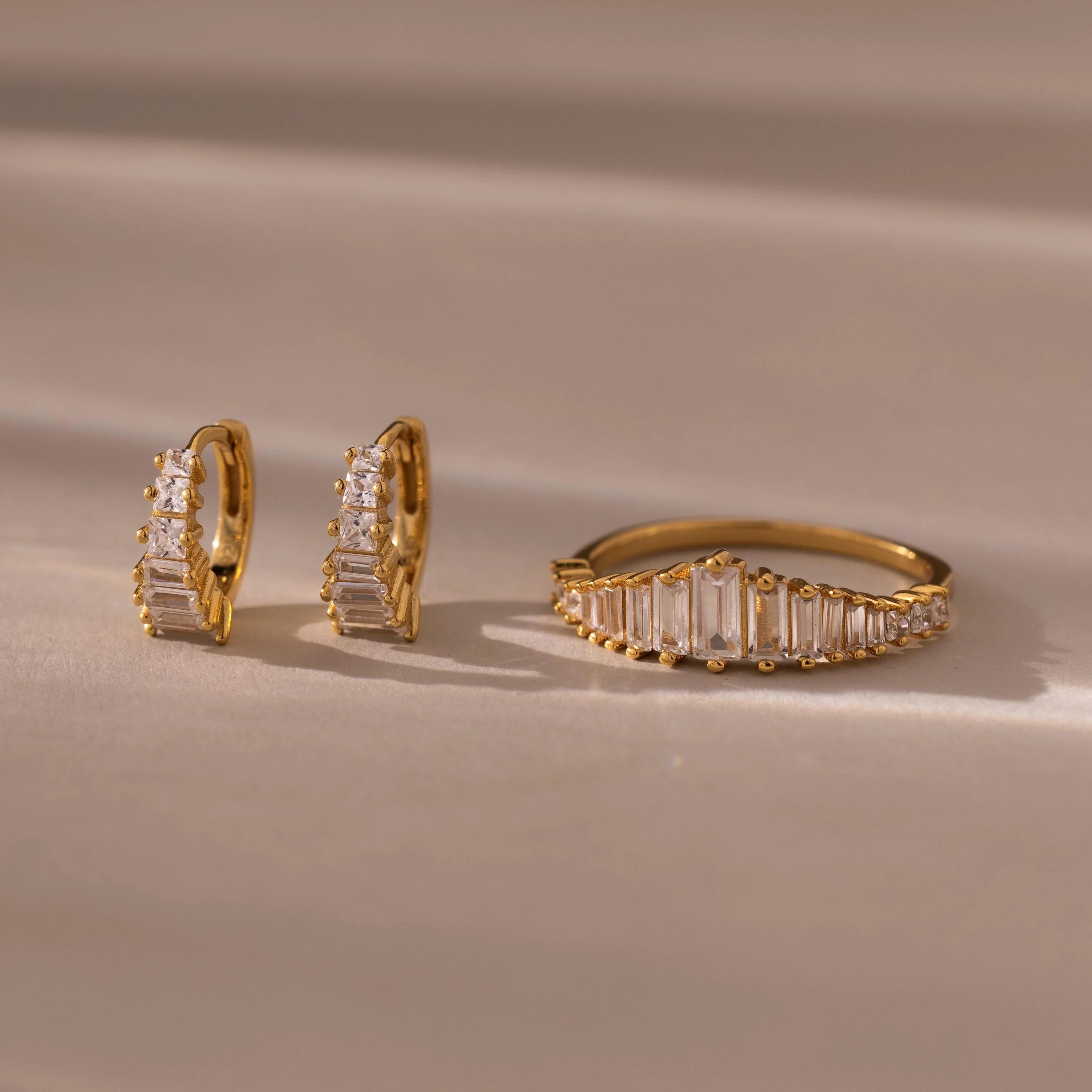 Art Deco Baguette Diamond Earrings & Ring Set Silver 18K Gold Plated
