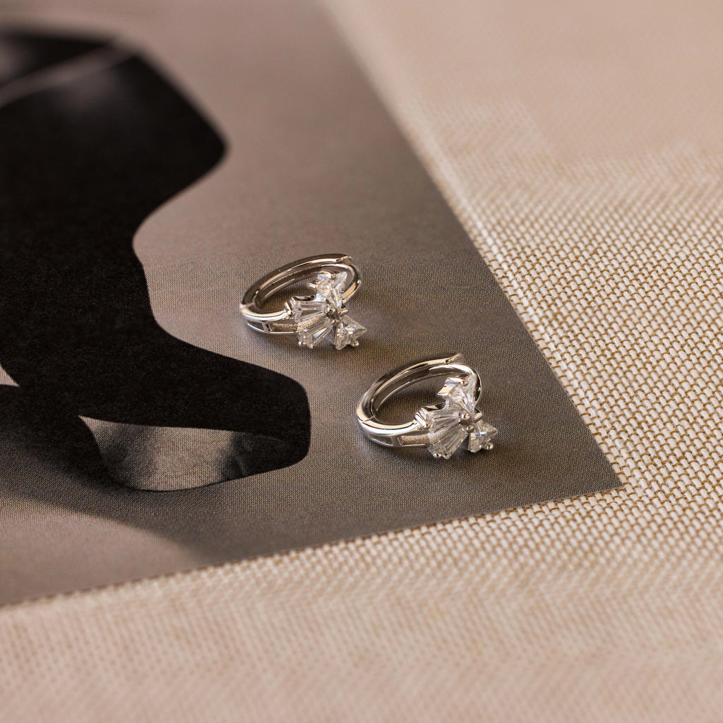 Diamond Ribbon Bow Huggies Silver 18K Gold Plated