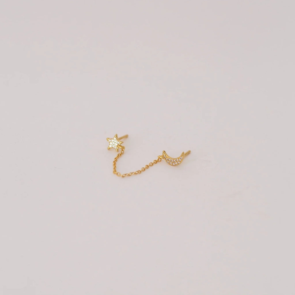 Moon & Star Chain Earrings Silver 18K Gold Plated