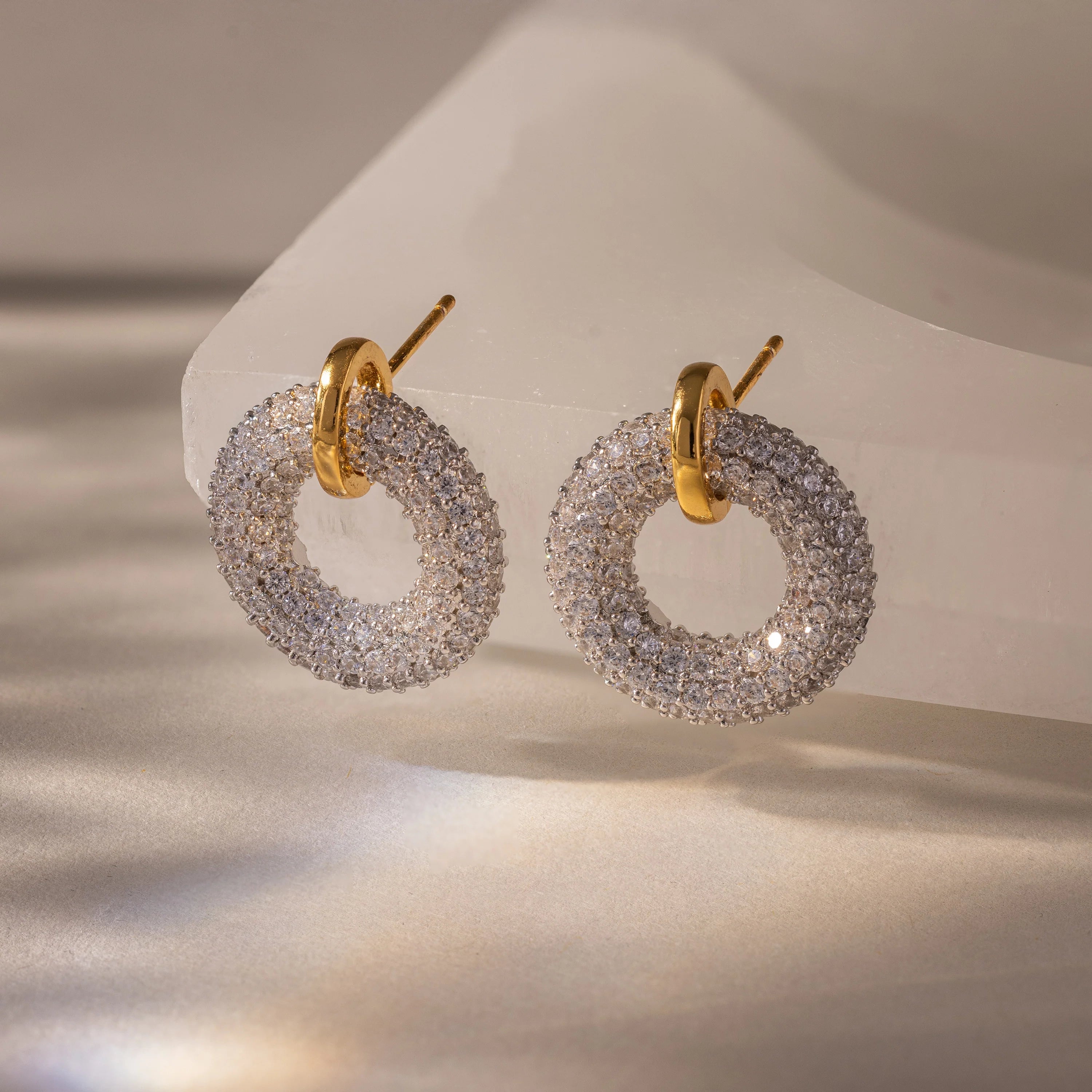Mixed Metal Pave Circle Studs Silver 18K Gold Plated
