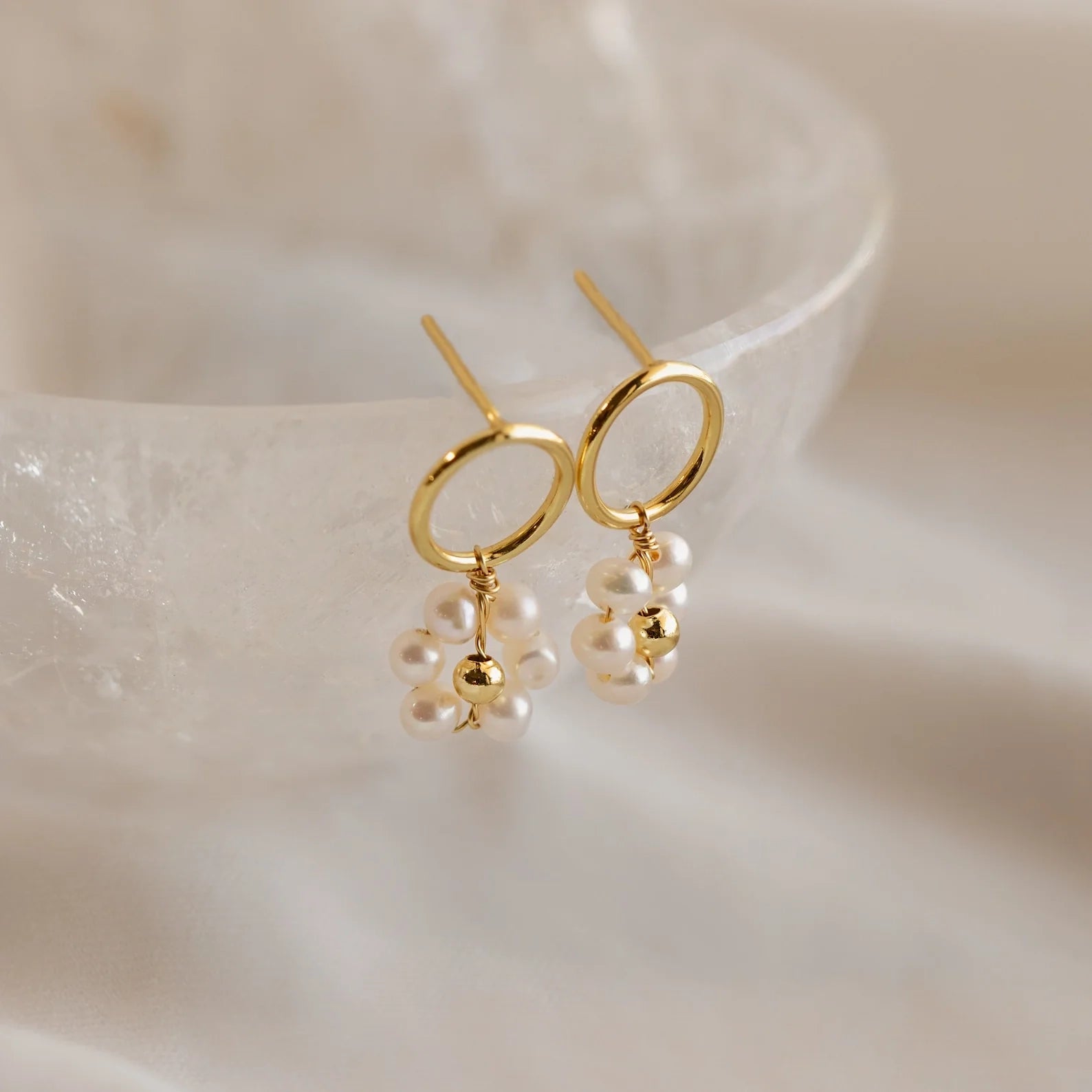 Flower Pearl Drop Earrings  Silver 18K Gold Plated
