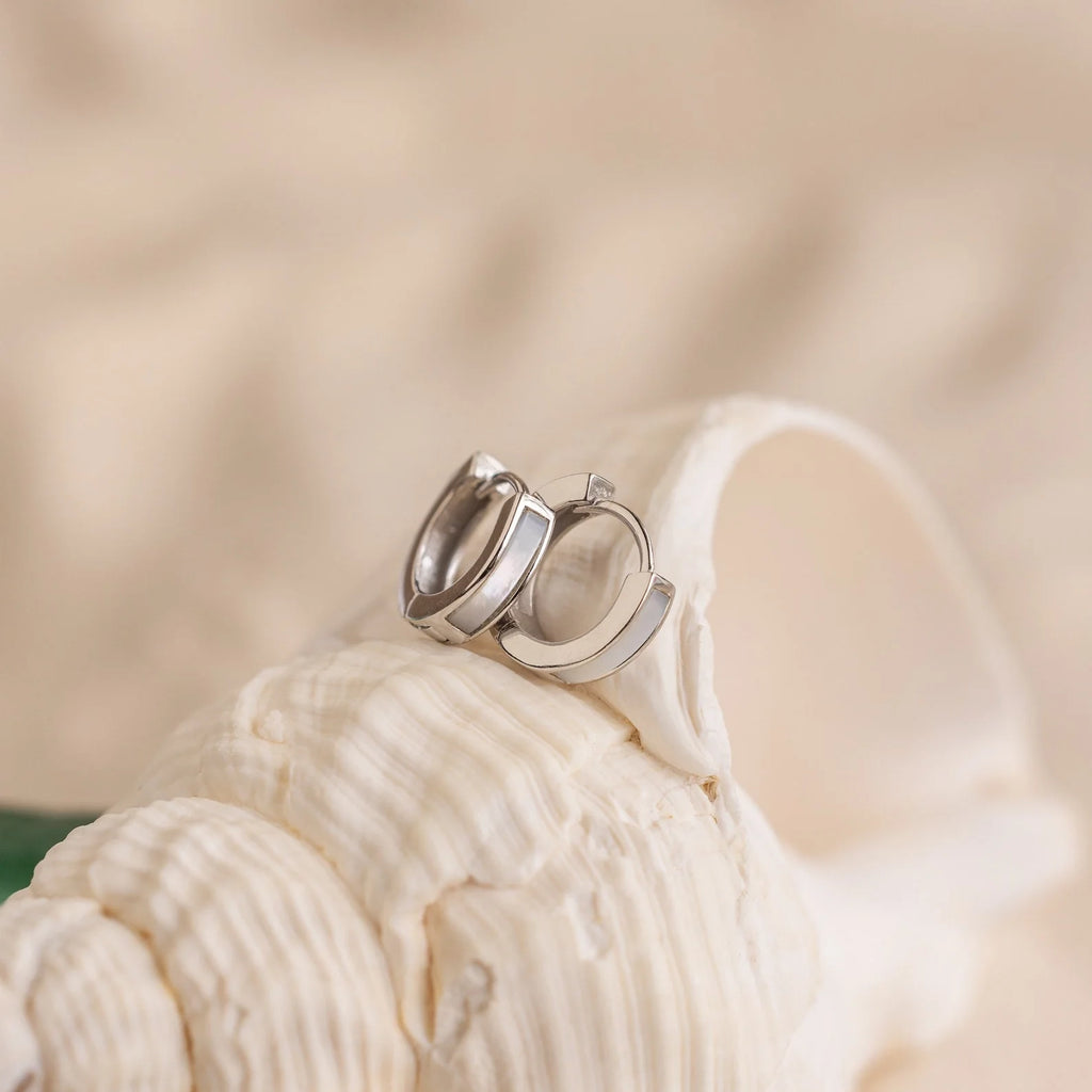 Mother of Pearl Inlay Huggies Silver 18K Gold Plated