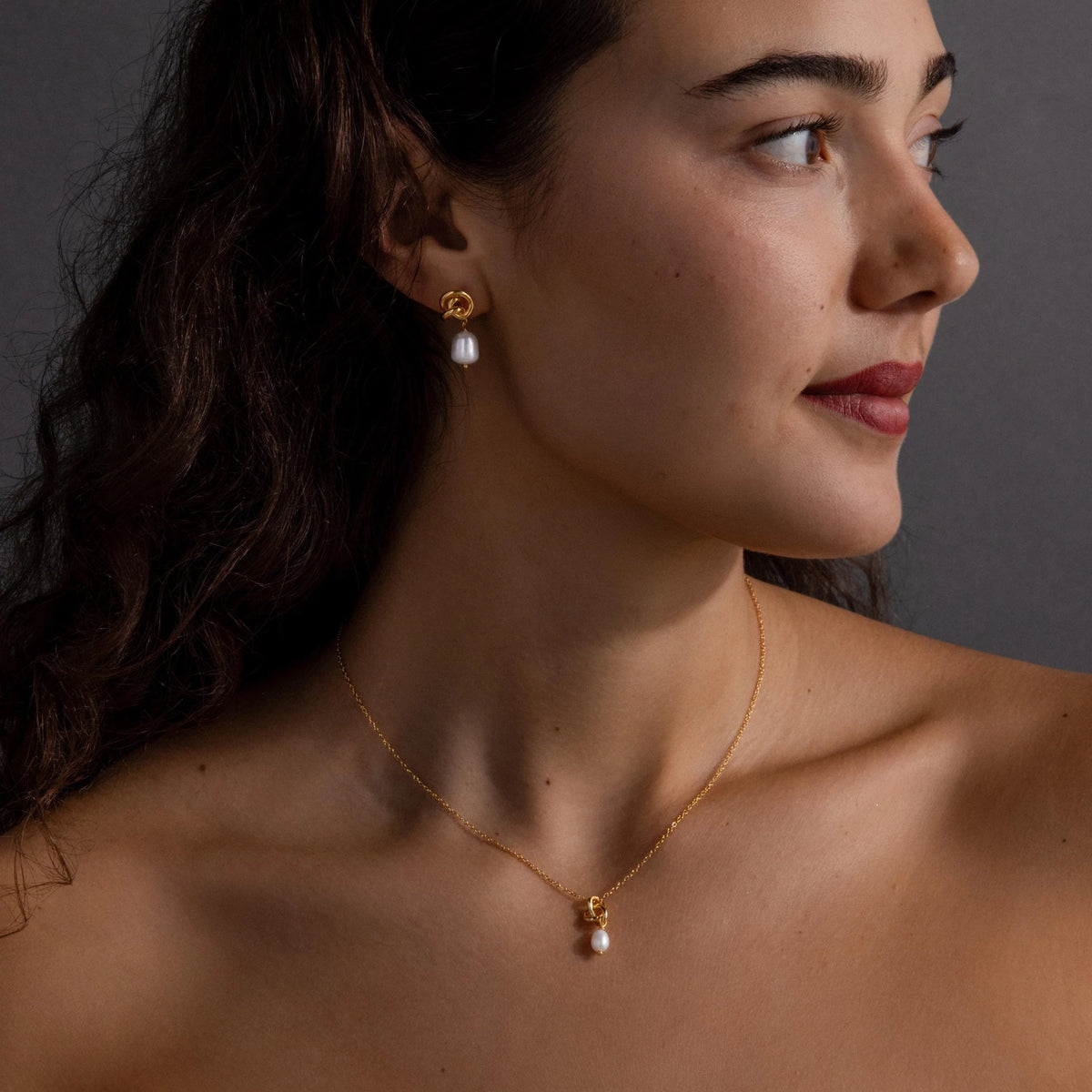 Freshwater Pearl Knot Necklace & Earrings Set Silver 18K Gold Plated